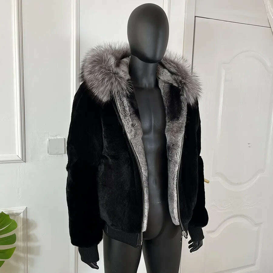 KIMLUD, Real Rex Rabbit Fur Jacket Chinchilla Colour Mens Hooded Short Coat Warm Winter Natural Fox Fur Collar, 1 / M, KIMLUD Womens Clothes