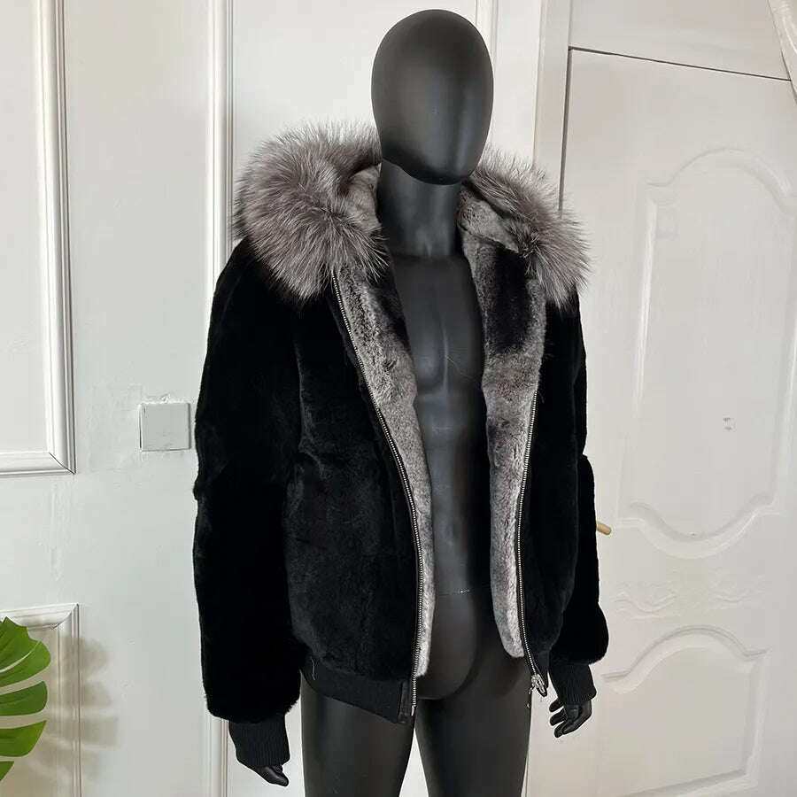 KIMLUD, Real Rex Rabbit Fur Jacket Chinchilla Colour Mens Hooded Short Coat Warm Winter Natural Fox Fur Collar, 1 / M, KIMLUD APPAREL - Womens Clothes