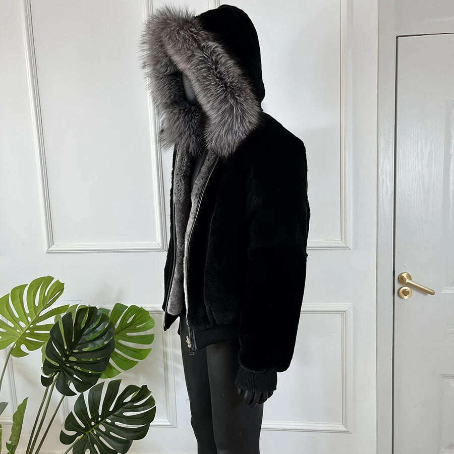 KIMLUD, Real Rex Rabbit Fur Jacket Chinchilla Colour Mens Hooded Short Coat Warm Winter Natural Fox Fur Collar, KIMLUD Womens Clothes