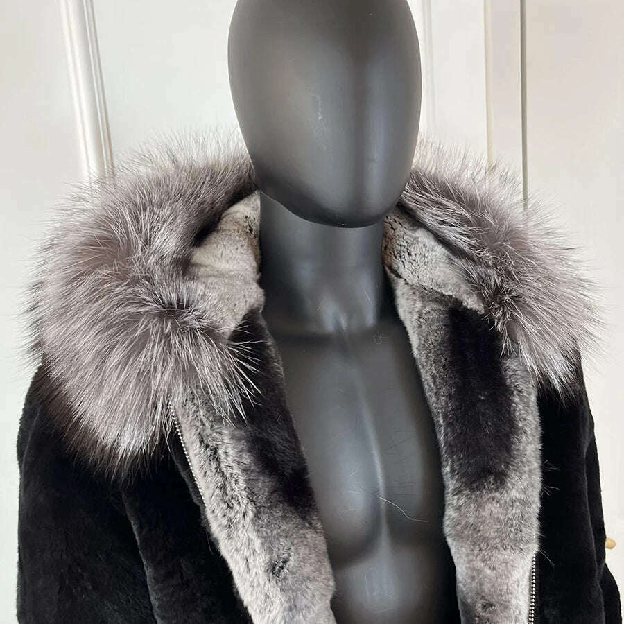 KIMLUD, Real Rex Rabbit Fur Jacket Chinchilla Colour Mens Hooded Short Coat Warm Winter Natural Fox Fur Collar, KIMLUD Women's Clothes