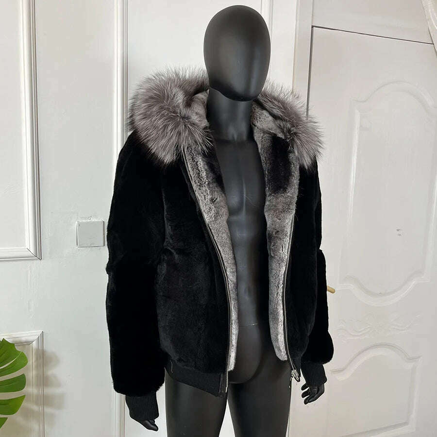 KIMLUD, Real Rex Rabbit Fur Jacket Chinchilla Colour Mens Hooded Short Coat Warm Winter Natural Fox Fur Collar, KIMLUD Women's Clothes