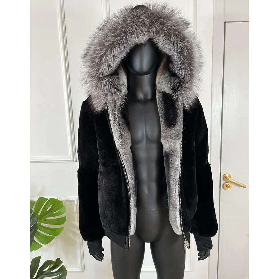 KIMLUD, Real Rex Rabbit Fur Jacket Chinchilla Colour Mens Hooded Short Coat Warm Winter Natural Fox Fur Collar, KIMLUD Womens Clothes