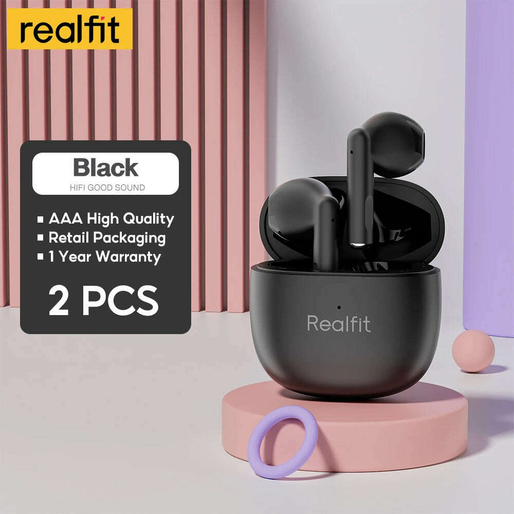 KIMLUD, Realfit F1 Bluetooth Earphone Excellent HIFI Quality TWS Wireless Earbuds Wholesale for Lenovo LP40 GM2 Pro Xiaomi realme, 2 PCS Black, KIMLUD Women's Clothes
