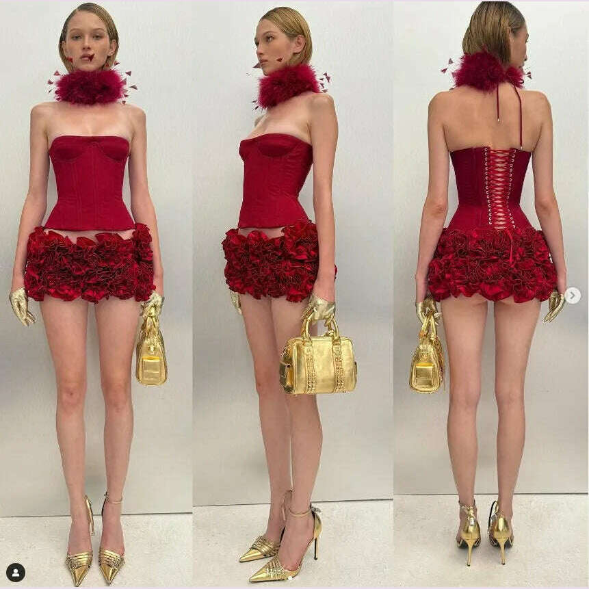 Red Color Women Sexy Strapless Ball Gown Mini Fashion Celebrity Nightclub Party Dress Birthday Cocktail Girls' Outfit - KIMLUD