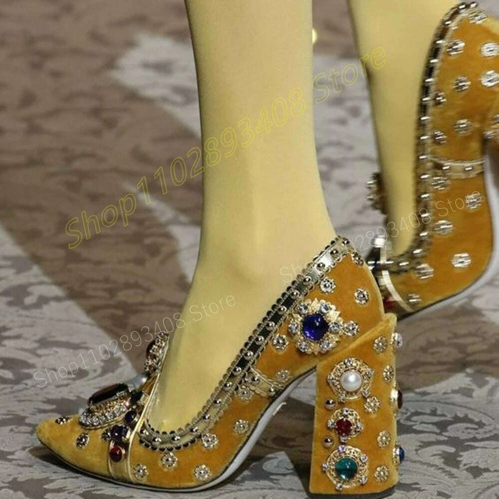 Red Crystals Decor Pointed Toe Shallow Pumps Elegant Chunky High Heel Fashion Sexy Women Shoes 2024 Summer Zapatos Para Mujere - KIMLUD