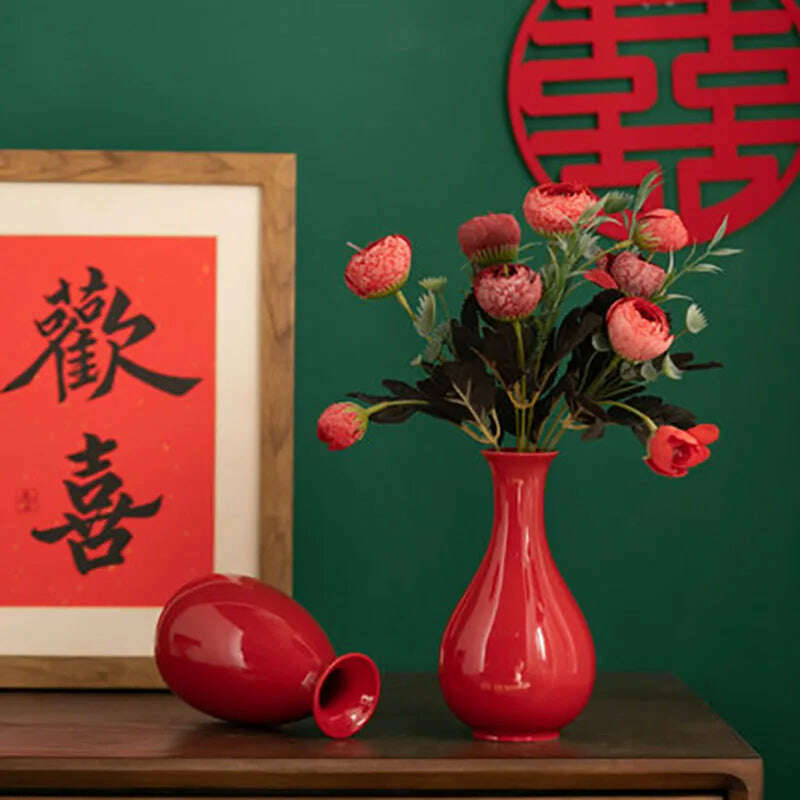 Red Decor Vase Creativity Desktop Ceramic Vase for Home Living Room Office Chinese Traditional Wedding Decoration Souvenir Gift - KIMLUD
