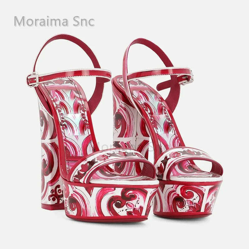KIMLUD, Red Print Waterproof Platform Chunky Heels Sandals for Women 14Cm Open Toe High Heels One Belt Buckle Strap Boho Vacation Shoes, red 14cm / 35 / China, KIMLUD APPAREL - Womens Clothes