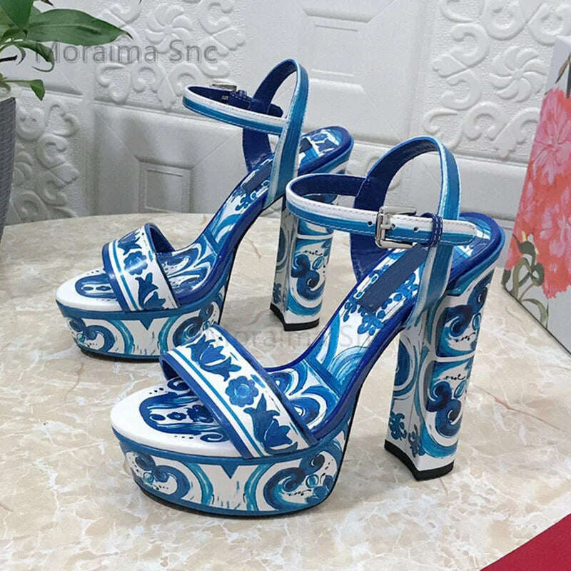 KIMLUD, Red Print Waterproof Platform Chunky Heels Sandals for Women 14Cm Open Toe High Heels One Belt Buckle Strap Boho Vacation Shoes, blue  14cm / 35 / China, KIMLUD Women's Clothes