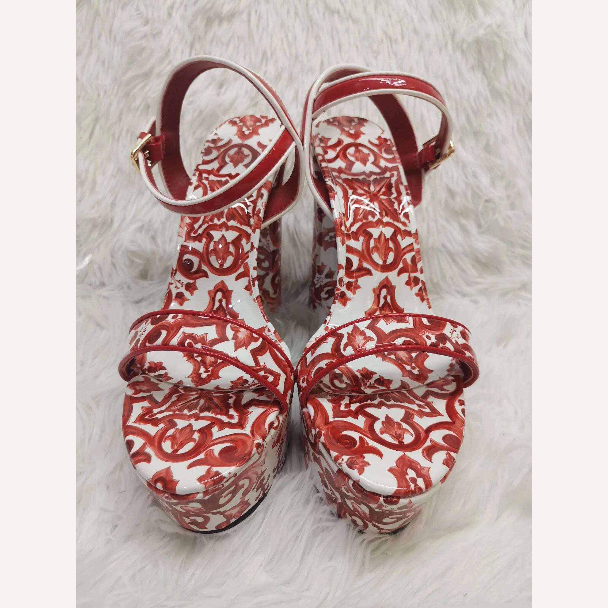 KIMLUD, Red Print Waterproof Platform Chunky Heels Sandals for Women 14Cm Open Toe High Heels One Belt Buckle Strap Boho Vacation Shoes, KIMLUD Women's Clothes
