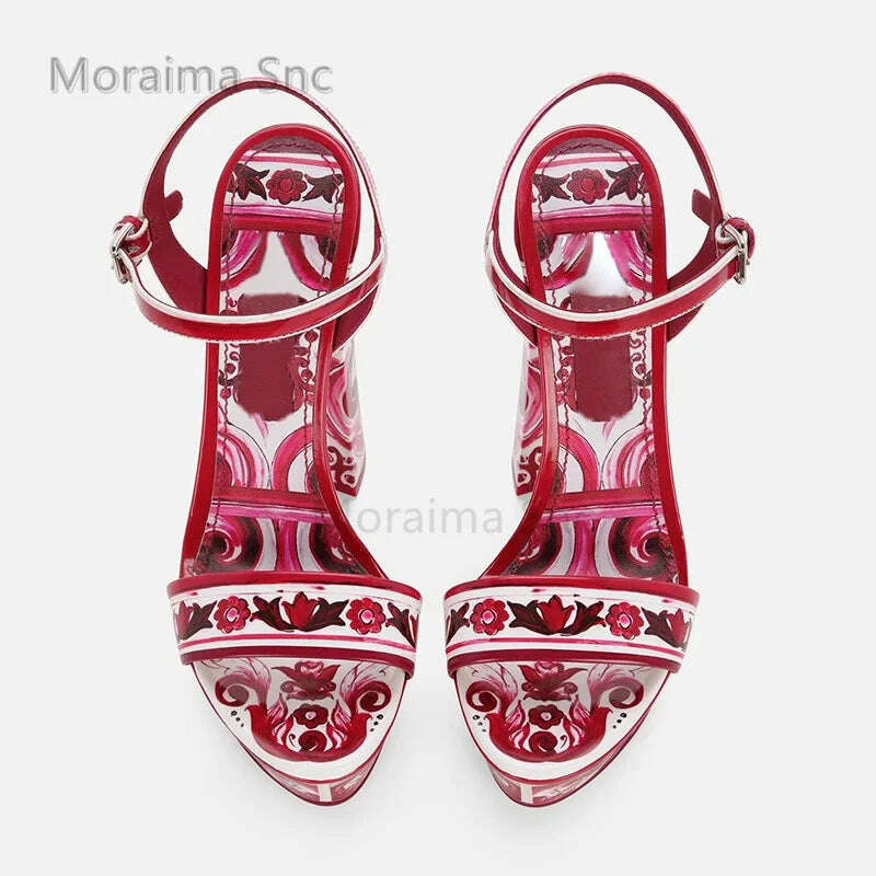 KIMLUD, Red Print Waterproof Platform Chunky Heels Sandals for Women 14Cm Open Toe High Heels One Belt Buckle Strap Boho Vacation Shoes, KIMLUD Women's Clothes
