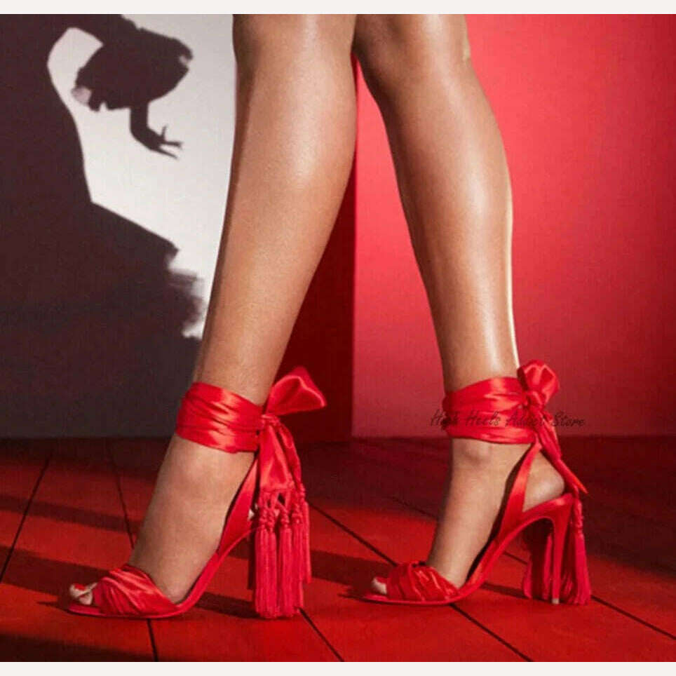 KIMLUD, Red Satin Ribbon Lace up High Heels Sandals Women Summer New in Tassels Stilettos Luxury Designer Party Wedding Shoes Traf, KIMLUD Womens Clothes