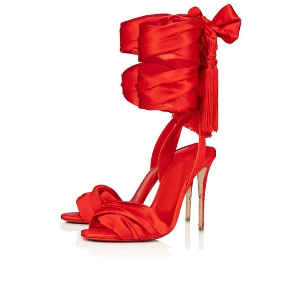 KIMLUD, Red Satin Ribbon Lace up High Heels Sandals Women Summer New in Tassels Stilettos Luxury Designer Party Wedding Shoes Traf, KIMLUD Womens Clothes