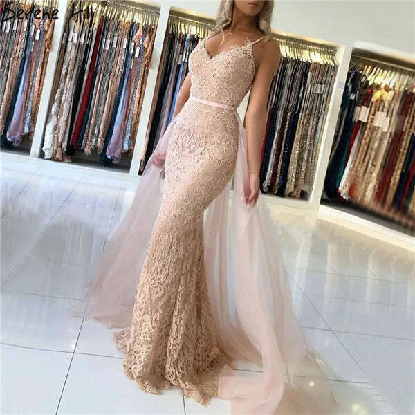 KIMLUD, Red Sling Lace Beading Mermaid Prom Dresses 2023 Sexy Sleeveless V-Neck Tulle Prom Gowns Serene Hill BLA70064, pink / 14, KIMLUD Womens Clothes