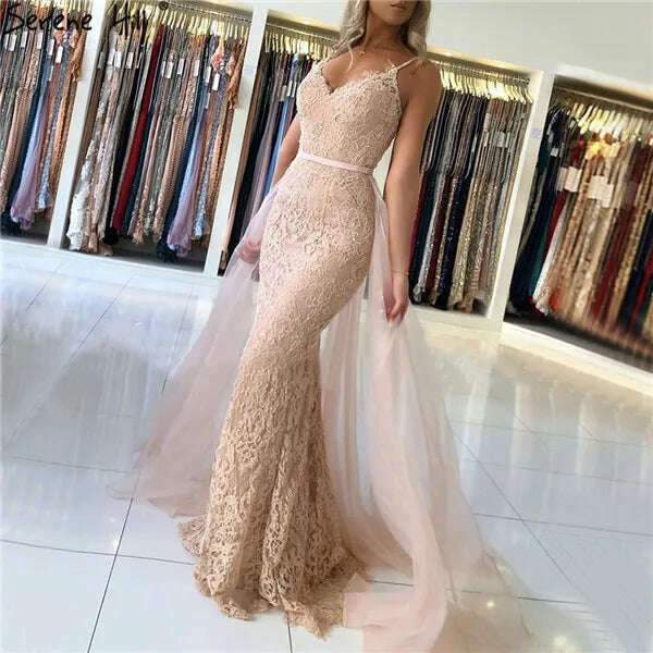 KIMLUD, Red Sling Lace Beading Mermaid Prom Dresses 2023 Sexy Sleeveless V-Neck Tulle Prom Gowns Serene Hill BLA70064, pink / 14, KIMLUD APPAREL - Womens Clothes