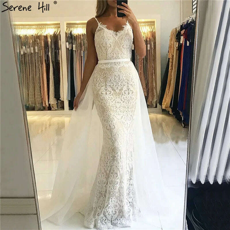 KIMLUD, Red Sling Lace Beading Mermaid Prom Dresses 2023 Sexy Sleeveless V-Neck Tulle Prom Gowns Serene Hill BLA70064, ivory / 14, KIMLUD Women's Clothes