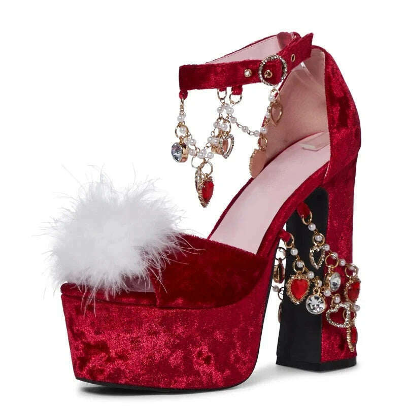 KIMLUD, Red Suede Platform High Heel Sandals Crystal Gemstones Chain Plush Decor Buckle Roman Sandals Sweet Sexy Lady Nightclub Shoes, KIMLUD Women's Clothes