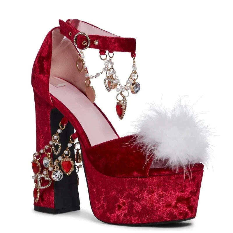 KIMLUD, Red Suede Platform High Heel Sandals Crystal Gemstones Chain Plush Decor Buckle Roman Sandals Sweet Sexy Lady Nightclub Shoes, KIMLUD Women's Clothes