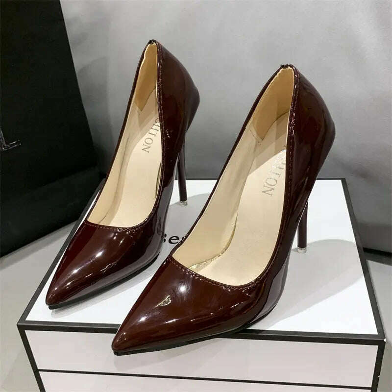 KIMLUD, Red yellow pink High Heels Women Shoes Red Sole Stiletto High Heels Sexy Pointed Toe 12cm Pumps Wedding Dress Shoes Nightclub, Wine red / 7, KIMLUD Women's Clothes
