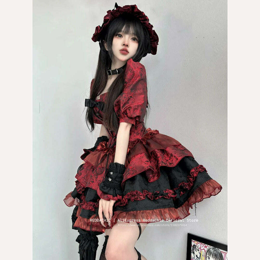 KIMLUD, REDDACHiC Goth Lolita OP Bow Lace-up Corset Top Puff Sleeves Jacket Ruffle Mini Cake Skirt Underskirt Victorian Women Dress Set, KIMLUD Womens Clothes