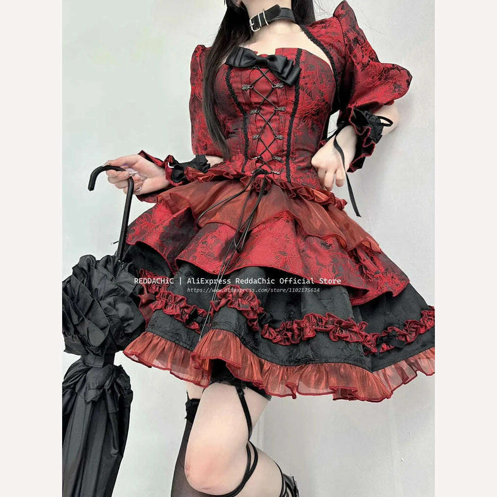 KIMLUD, REDDACHiC Goth Lolita OP Bow Lace-up Corset Top Puff Sleeves Jacket Ruffle Mini Cake Skirt Underskirt Victorian Women Dress Set, KIMLUD Women's Clothes