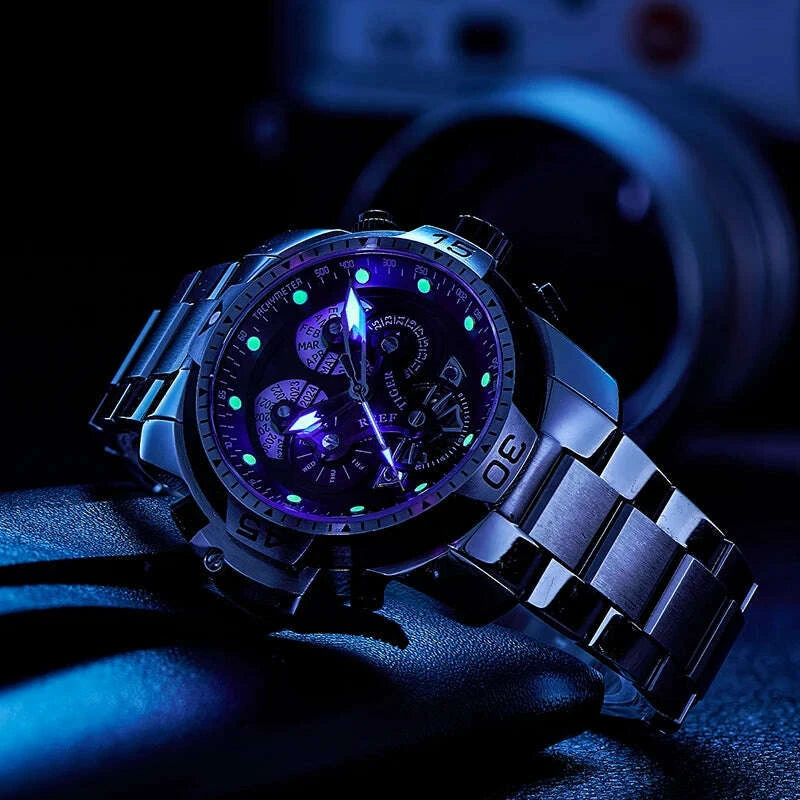 Reef Tiger Men's 46mm Automatic Mechanical Watch with Luminous Hands/Markers, Sapphire Crystal, and Year/Month/Day/Date Display