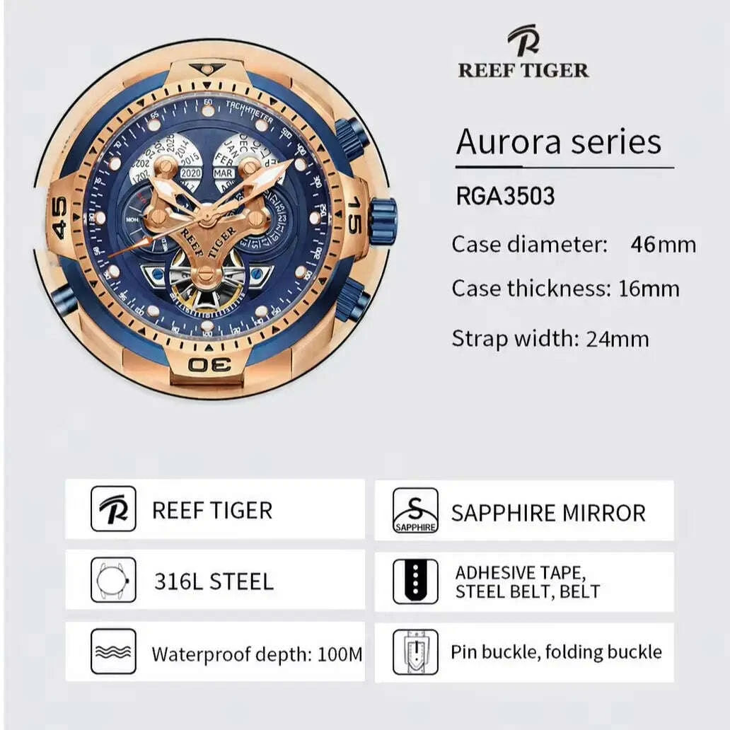 Reef Tiger Men's 46mm Automatic Mechanical Watch with Luminous Hands/Markers, Sapphire Crystal, and Year/Month/Day/Date Display