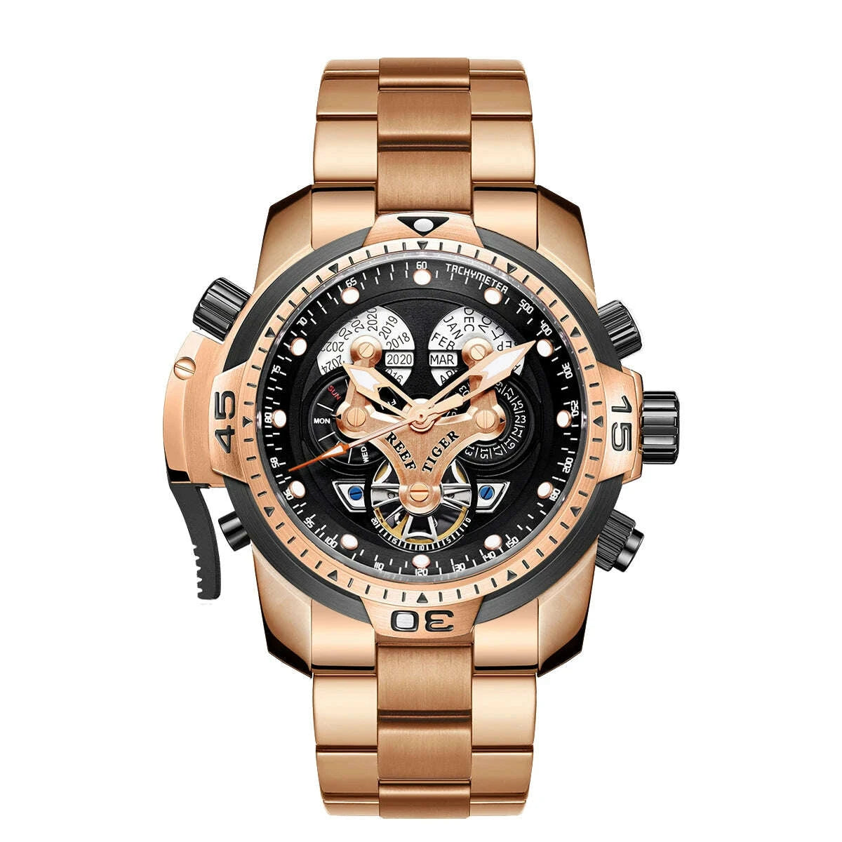 Reef Tiger Men's 46mm Automatic Mechanical Watch with Luminous Hands/Markers, Sapphire Crystal, and Year/Month/Day/Date Display