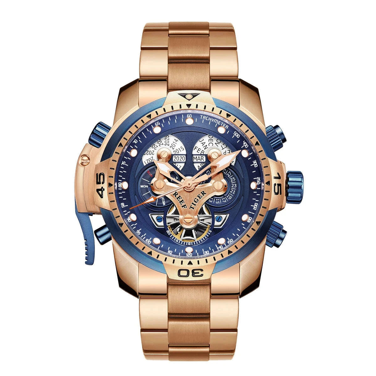 Reef Tiger Men's 46mm Automatic Mechanical Watch with Luminous Hands/Markers, Sapphire Crystal, and Year/Month/Day/Date Display