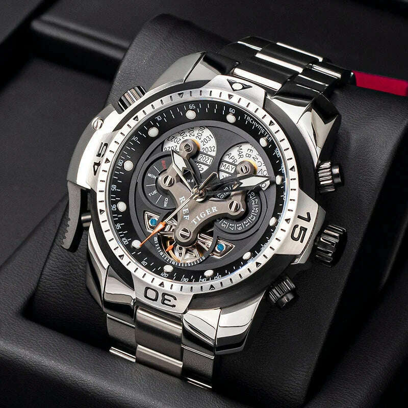 KIMLUD, Reef Tiger/RT Designer Sport Mens Watch with Perpetual Calendar Date Day Complicated Blue Dial Mechanical Bracelet Watch RGA3503, KIMLUD Womens Clothes