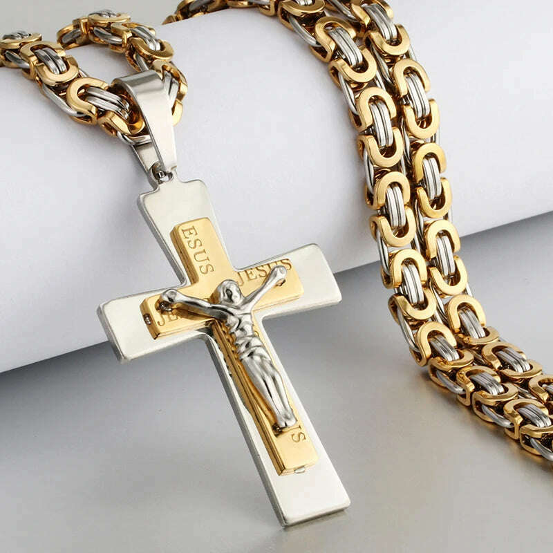 KIMLUD, Religious Men Stainless Steel Crucifix Cross Pendant Necklace Heavy Byzantine Chain Necklaces Jesus Christ Holy Jewelry Gifts, C-Gold Silver Tone / 60cm, KIMLUD APPAREL - Womens Clothes