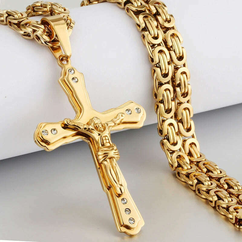 KIMLUD, Religious Men Stainless Steel Crucifix Cross Pendant Necklace Heavy Byzantine Chain Necklaces Jesus Christ Holy Jewelry Gifts, D-Gold Color / 60cm, KIMLUD APPAREL - Womens Clothes