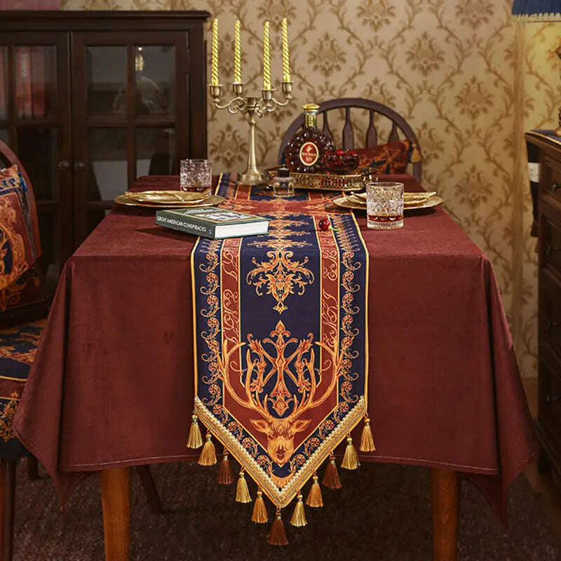 KIMLUD, Retro American Velvet Table Runner Classical Luxury Home Hotel Tablecloth Tassel Decor Red Blue Cabinet Cover Cloth Bed Runners, KIMLUD Womens Clothes