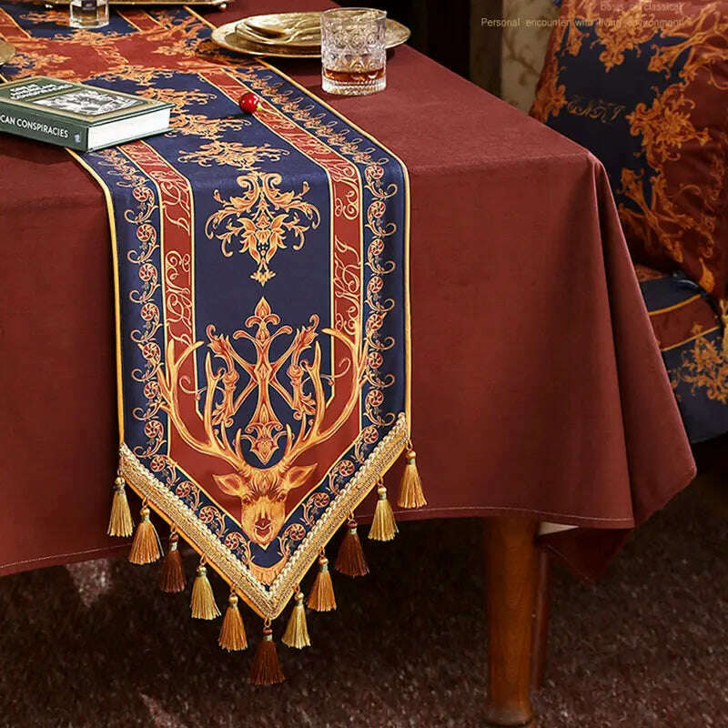 KIMLUD, Retro American Velvet Table Runner Classical Luxury Home Hotel Tablecloth Tassel Decor Red Blue Cabinet Cover Cloth Bed Runners, KIMLUD Women's Clothes