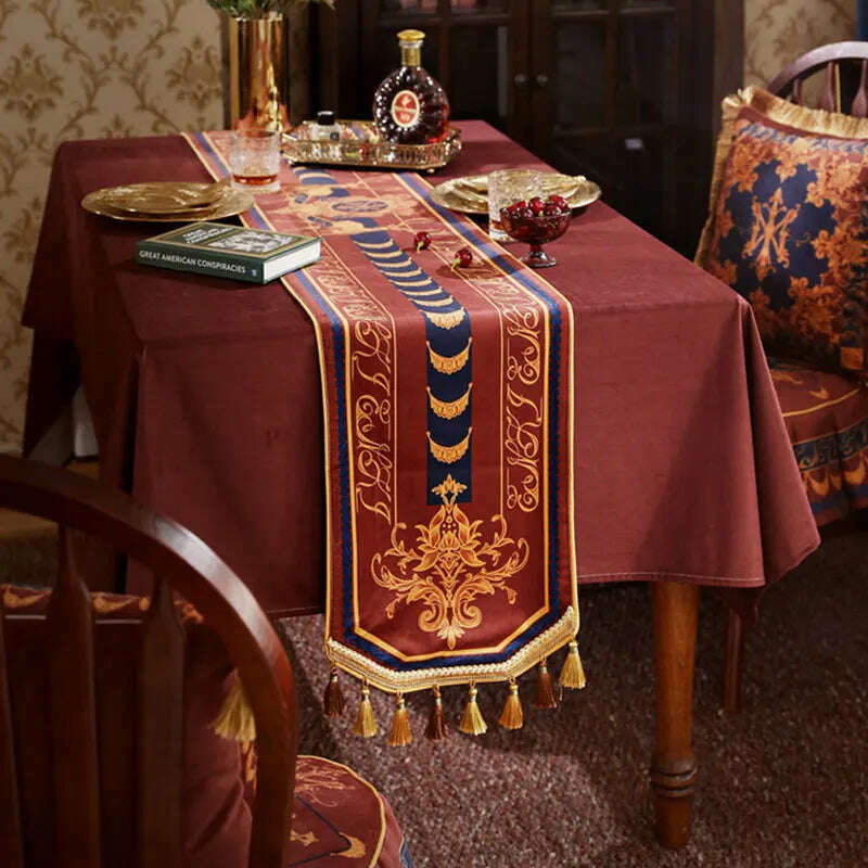 KIMLUD, Retro American Velvet Table Runner Classical Luxury Home Hotel Tablecloth Tassel Decor Red Blue Cabinet Cover Cloth Bed Runners, KIMLUD Womens Clothes