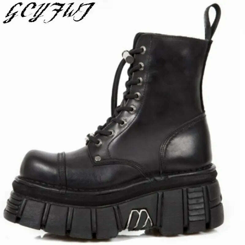 KIMLUD, Retro Black Women Ankle Boots Metal Decoration Thick Platform Punk Female Footwear Round Toe Lace-Up Casual Knight Ladies Shoes, KIMLUD Womens Clothes