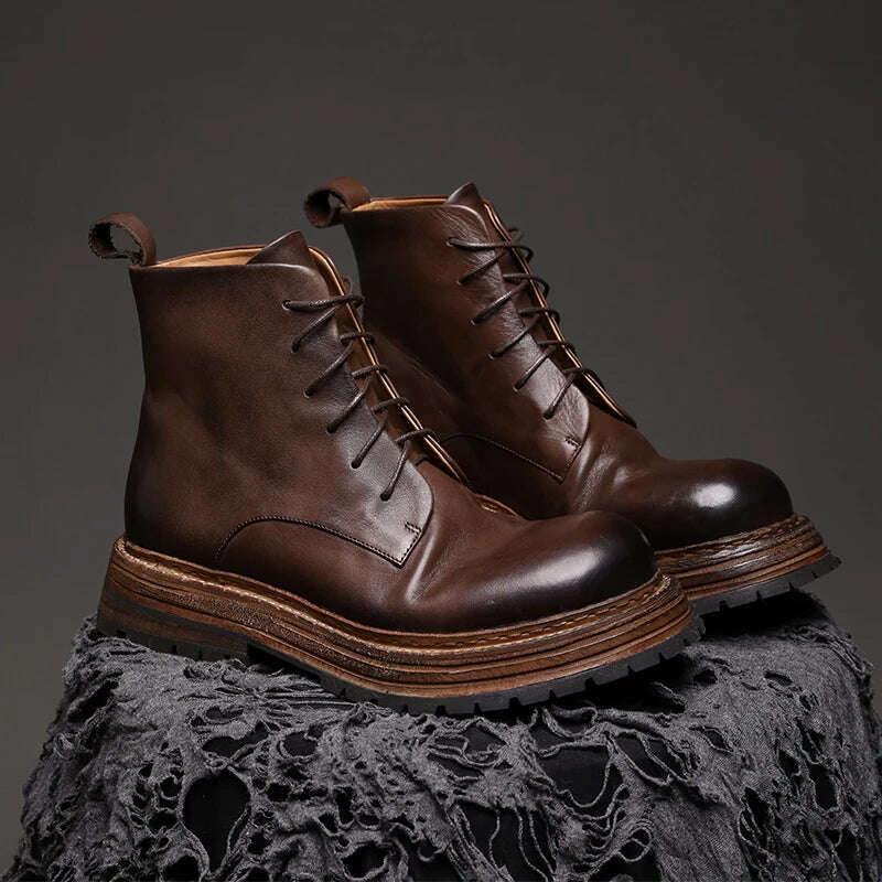 KIMLUD, Retro British Casual Boots Calf Leather Unisex Goodyear Handcrafted High-top Shoes Men Durable Motocycle Boots Women Ankle Boots, Auburn / 35women / CN, KIMLUD APPAREL - Womens Clothes