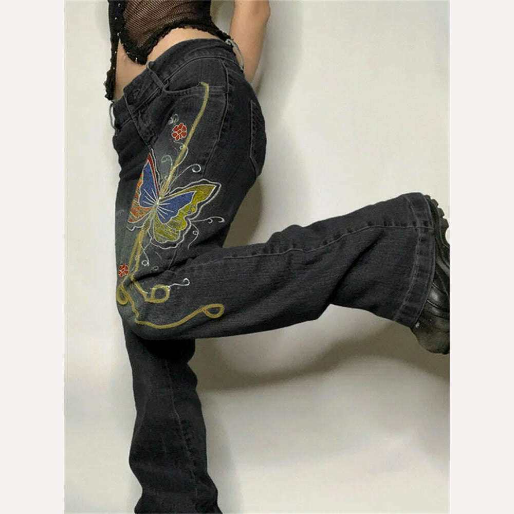 KIMLUD, Retro Butterfly Print Y2K Denim Jeans Low Waisted Grunge Vintage Cargo Trousers Fairycore Harajuku Fashion Pants Cuteandpsycho, KIMLUD Womens Clothes