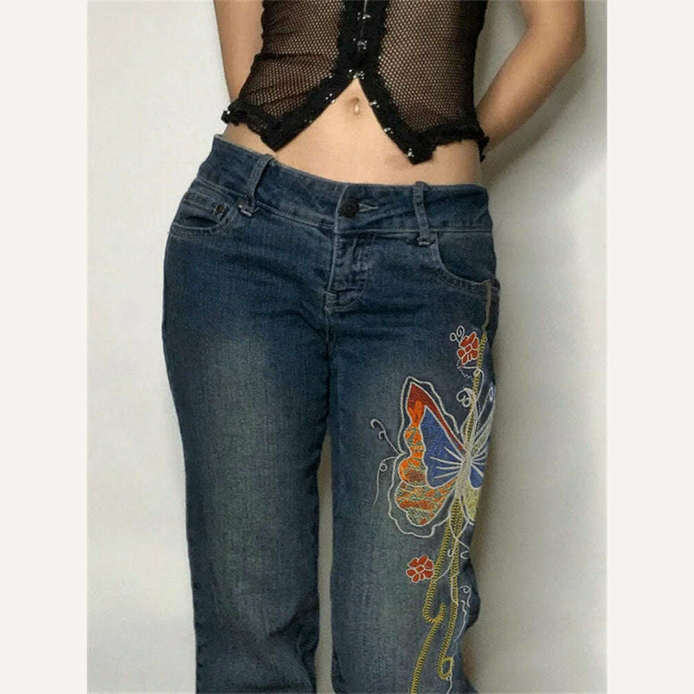 KIMLUD, Retro Butterfly Print Y2K Denim Jeans Low Waisted Grunge Vintage Cargo Trousers Fairycore Harajuku Fashion Pants Cuteandpsycho, KIMLUD Women's Clothes