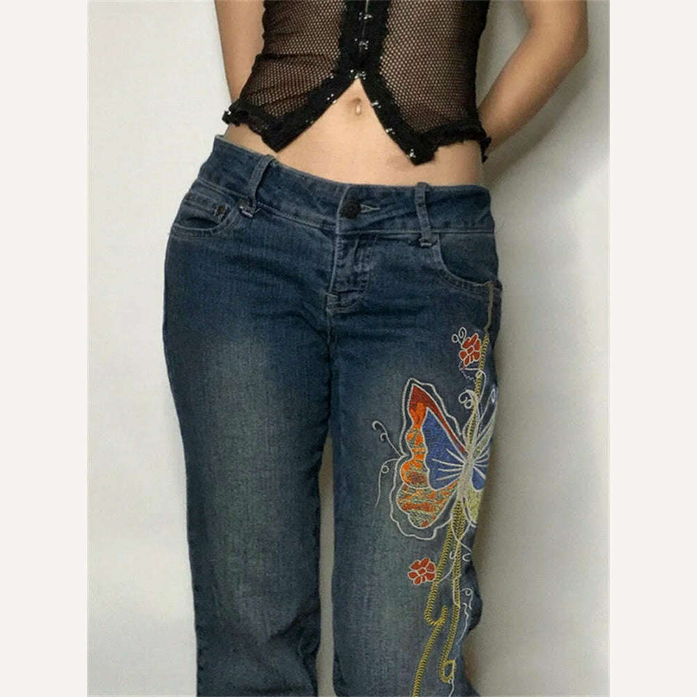 KIMLUD, Retro Butterfly Print Y2K Denim Jeans Low Waisted Grunge Vintage Cargo Trousers Fairycore Harajuku Fashion Pants Cuteandpsycho, KIMLUD Womens Clothes