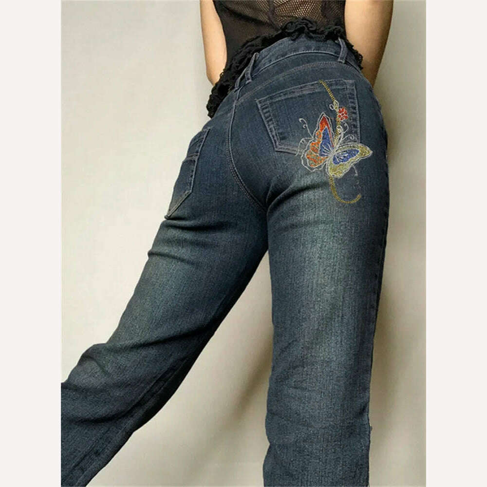 KIMLUD, Retro Butterfly Print Y2K Denim Jeans Low Waisted Grunge Vintage Cargo Trousers Fairycore Harajuku Fashion Pants Cuteandpsycho, KIMLUD Womens Clothes