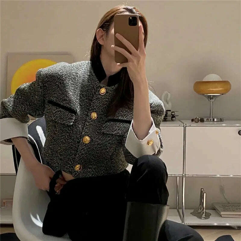 KIMLUD, Retro Fashion Jacket 2022 Spring Women's clothing design sense stand-up collar equestrian clothing French tweed short Coat Women, KIMLUD Womens Clothes