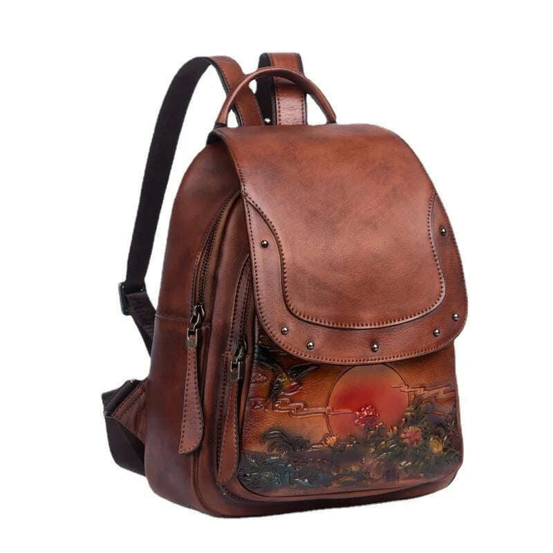 KIMLUD, Retro Genuine Leather Backpack Women Handmade Embossed Vintage Bag Chinese Style Ladies Cowhide Backpack, KIMLUD Womens Clothes