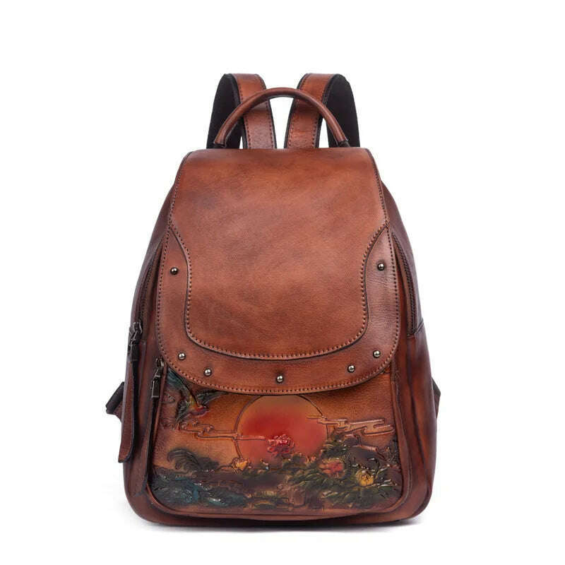KIMLUD, Retro Genuine Leather Backpack Women Handmade Embossed Vintage Bag Chinese Style Ladies Cowhide Backpack, brown backpack, KIMLUD APPAREL - Womens Clothes