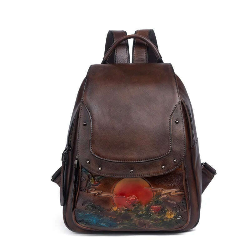 KIMLUD, Retro Genuine Leather Backpack Women Handmade Embossed Vintage Bag Chinese Style Ladies Cowhide Backpack, coffee backpack, KIMLUD Womens Clothes