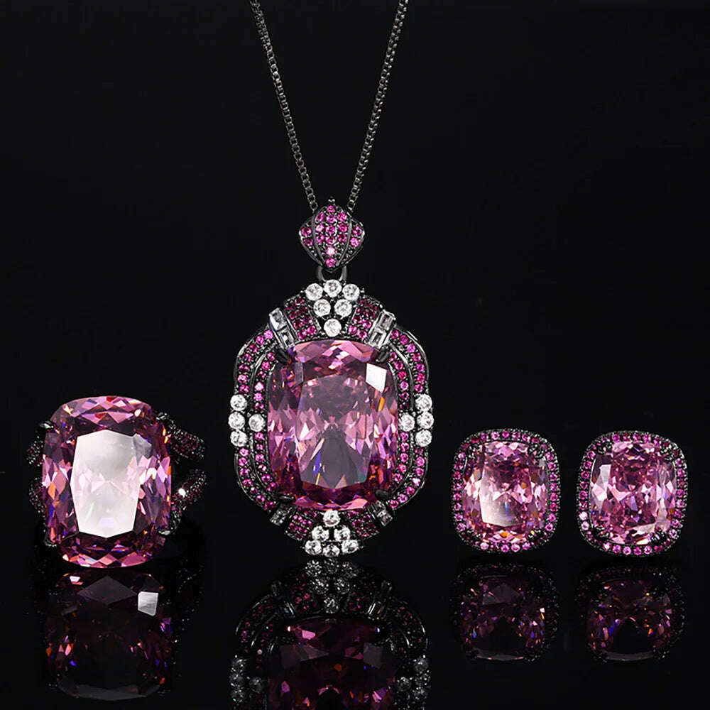 KIMLUD, Retro Luxury Lab Pink Quartz Gemstone Necklace Pendant Ring Earrings Cocktail Party Fine Jewelry Sets for Women Accessories Gift, KIMLUD Womens Clothes