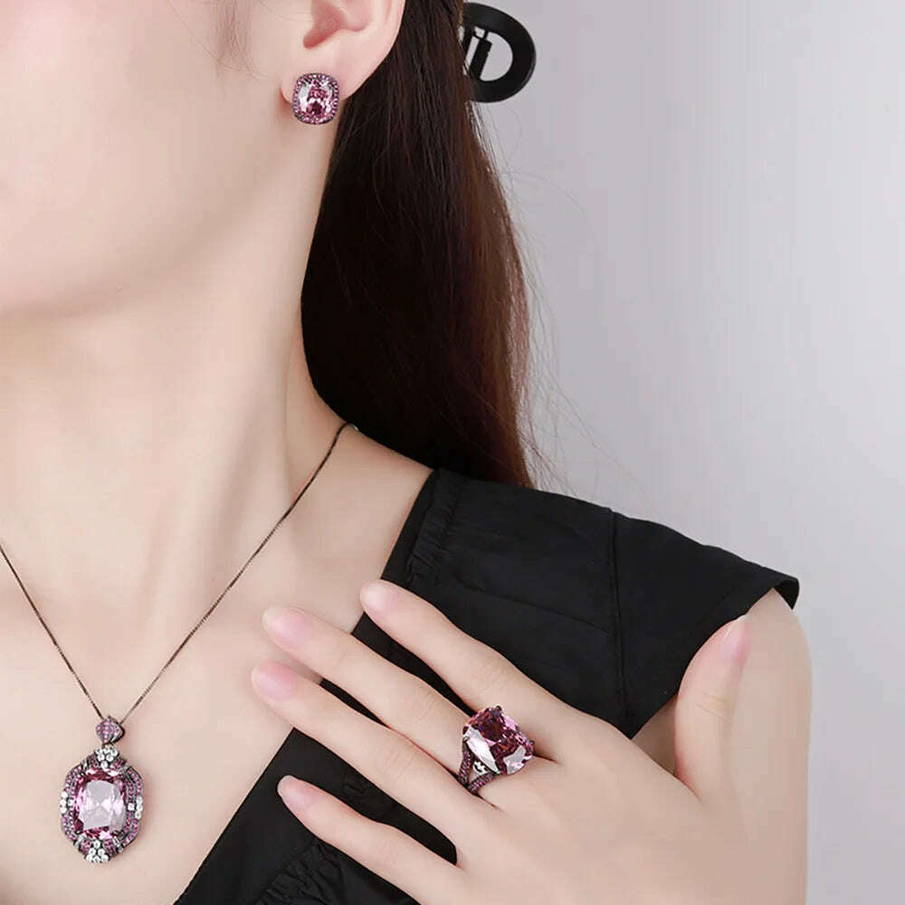 KIMLUD, Retro Luxury Lab Pink Quartz Gemstone Necklace Pendant Ring Earrings Cocktail Party Fine Jewelry Sets for Women Accessories Gift, KIMLUD Womens Clothes