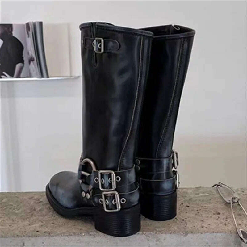 KIMLUD, Retro New Women Mid Calf Boots Fashion Punk Thick Bottom Belt Buckle Metal Decoration Knight Boots High Top Western Modern Boots, KIMLUD Womens Clothes