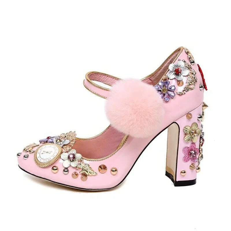 Retro Pink Fur Pom Pom Chunky Heels Women Shoes Crystal Studded Metal Decor Mary Janes Shoes Big Size43 - KIMLUD