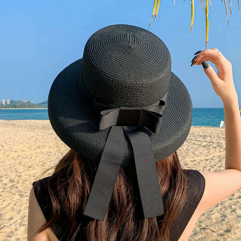 Retro Round Top Straw Hat Ladies Sun Hats Travel Holiday Visor Hats Vintage Women Beach Hat Black And White Wholesale ceremony - KIMLUD