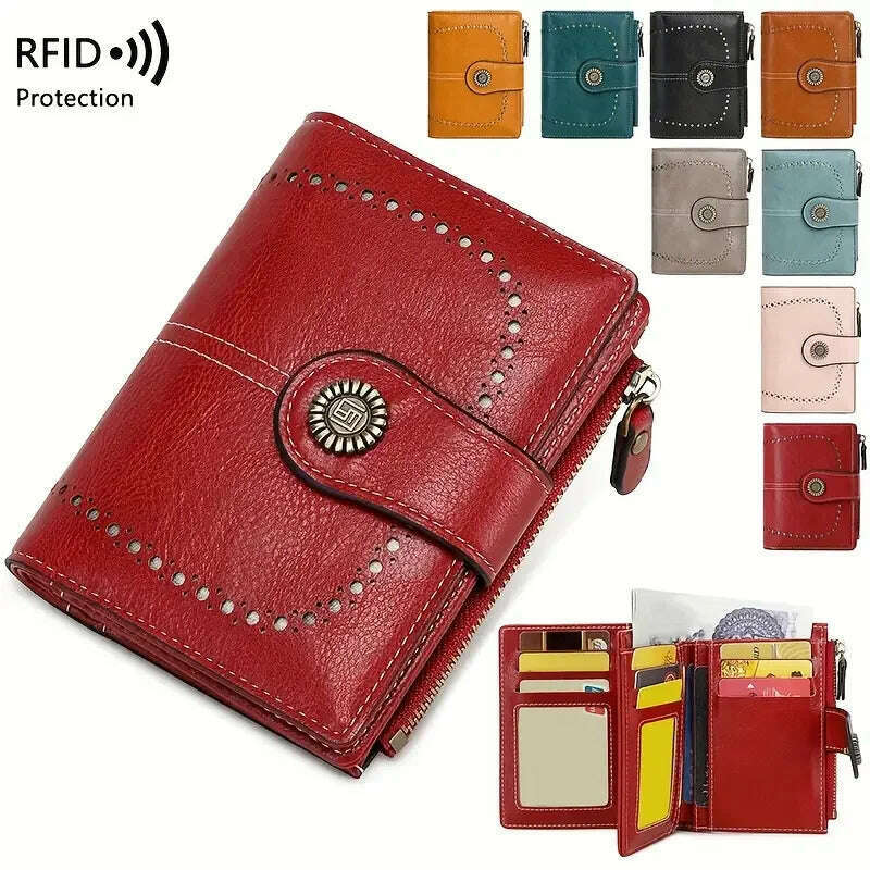 Retro three-fold RFID shielding women's short wallet, solid color large capacity daily fashion versatile clutch bag - KIMLUD